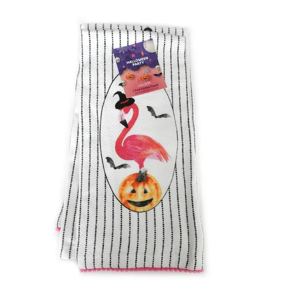 NWT Colordrift Halloween Flamingo Pumpkin Cotton Kitchen Towels Pack 2 Stripes